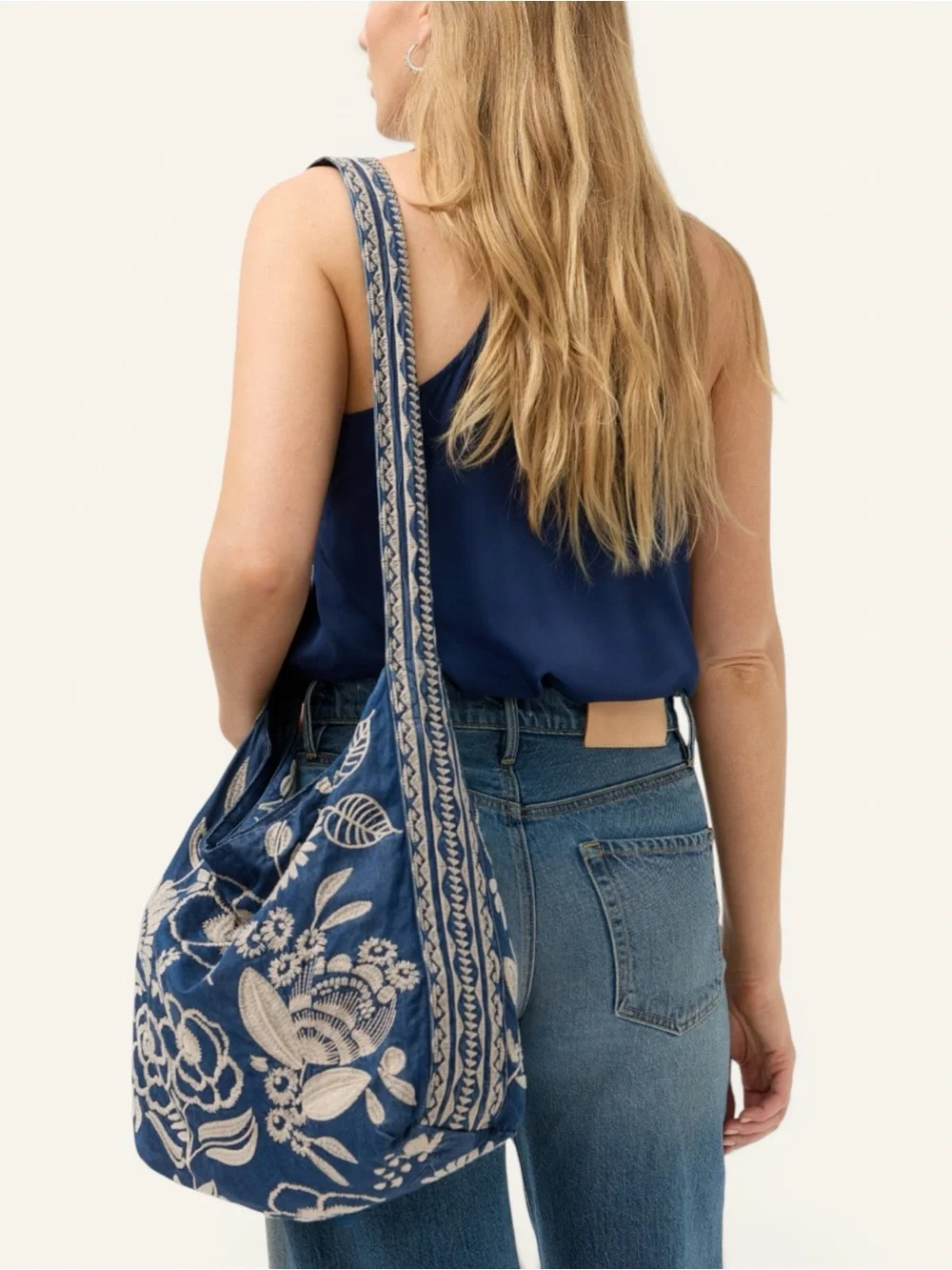 NWT Johnny Was Denim Embroidered Lucinda Wide Strap Slouchy Hobo Tote Bag $268
